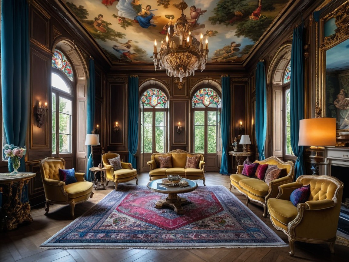 Elegant Room with Lavish Decor and Stained Glass Windows