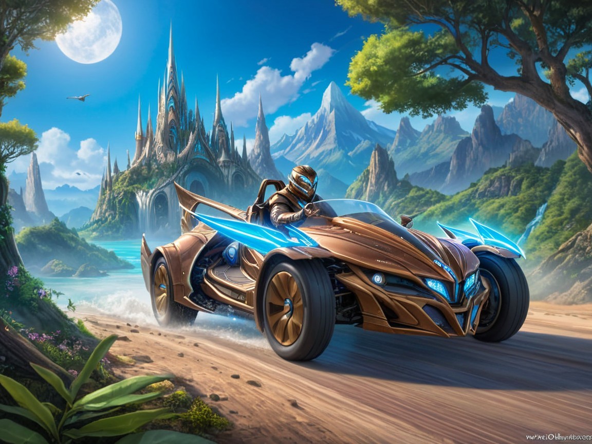 Futuristic vehicle on dirt road with castle backdrop