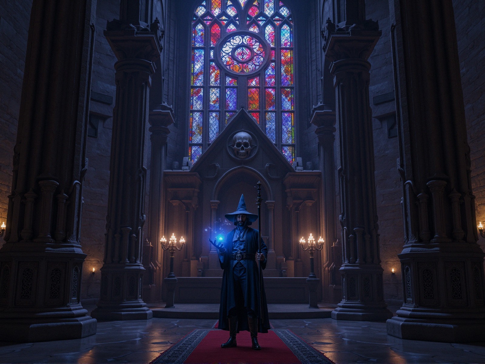 Wizard in a Dimly Lit Cathedral with Stained Glass