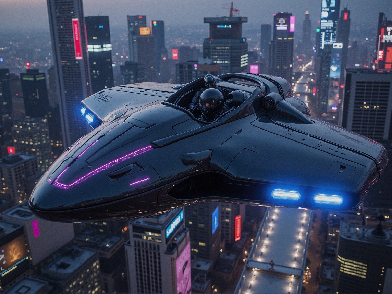 Futuristic spacecraft over vibrant neon cityscape at dusk