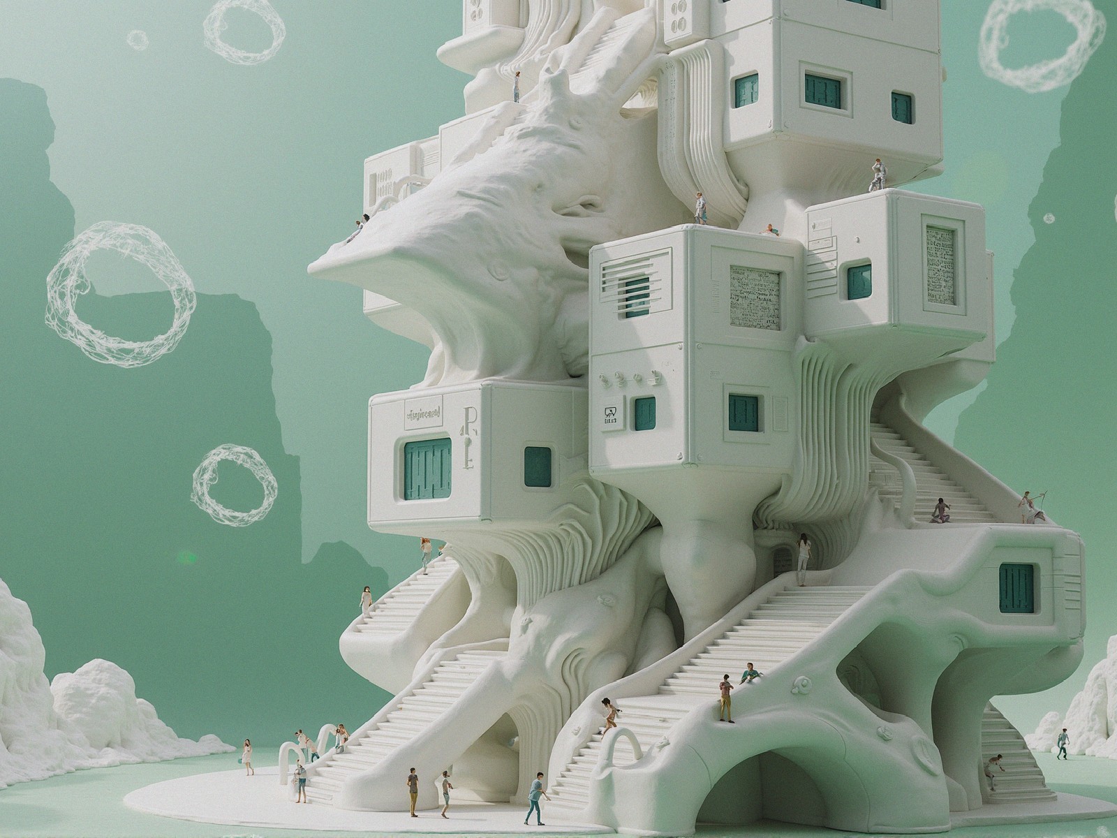 Surreal Organic Tower in Dreamy Green Landscape