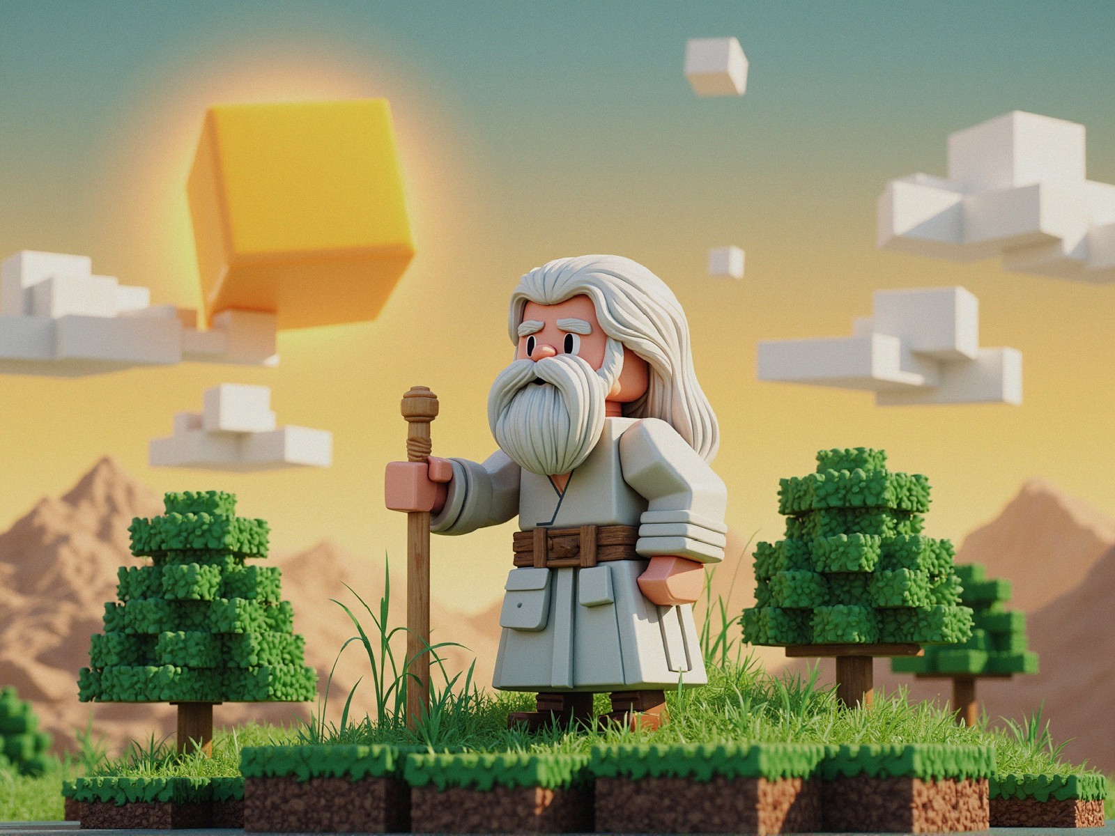 Whimsical Pixel-Art Scene of an Elderly Sage