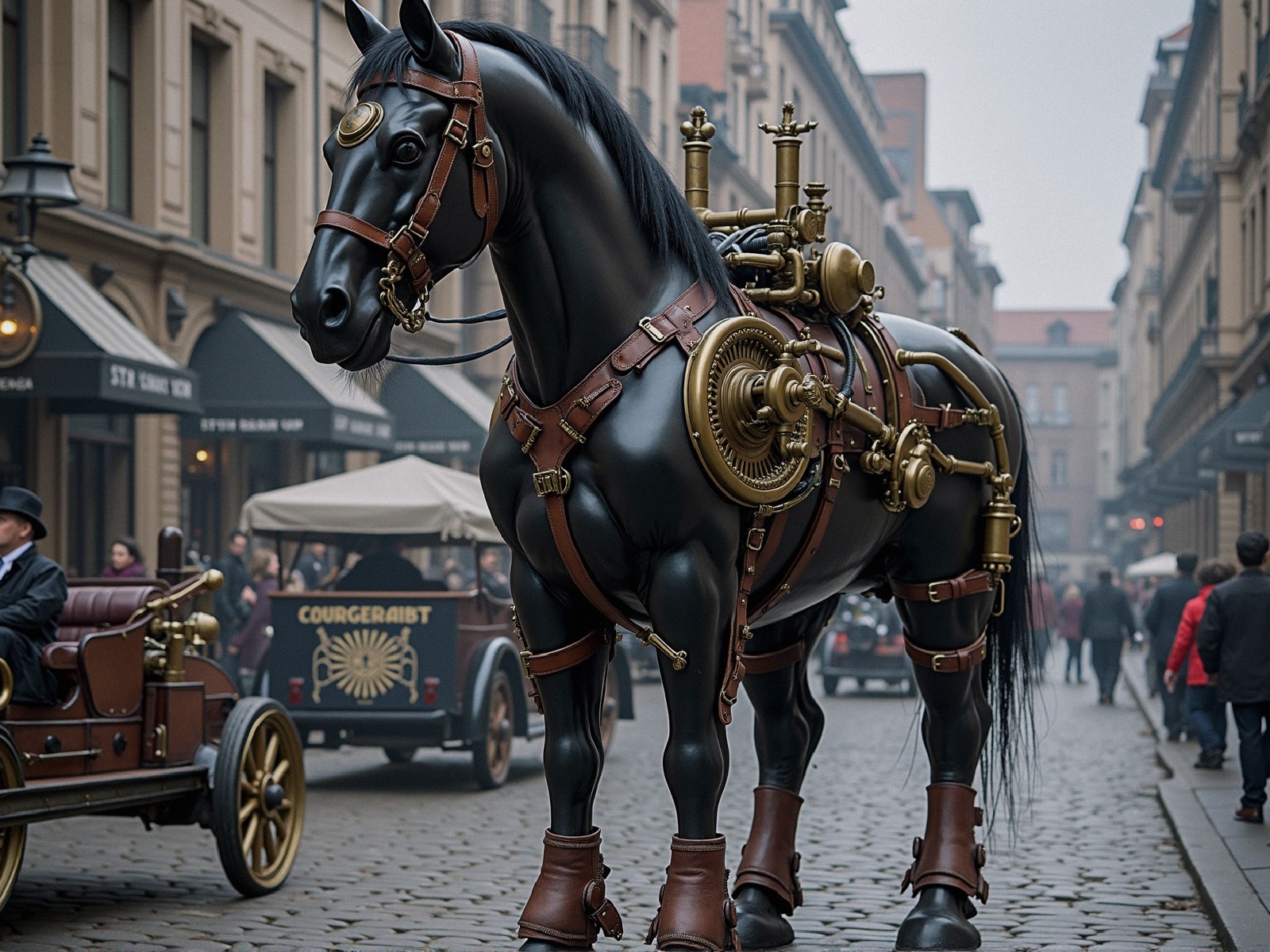 Black Mechanical Horse in Foggy Urban Street Scene