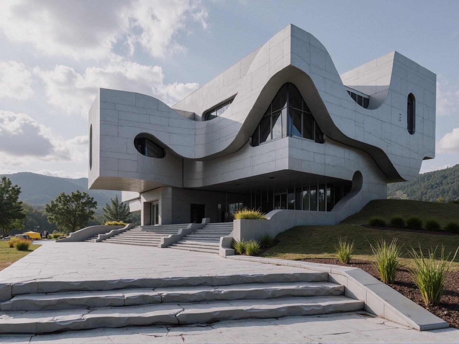 Modern Building with Wavy Concrete Facade and Hills
