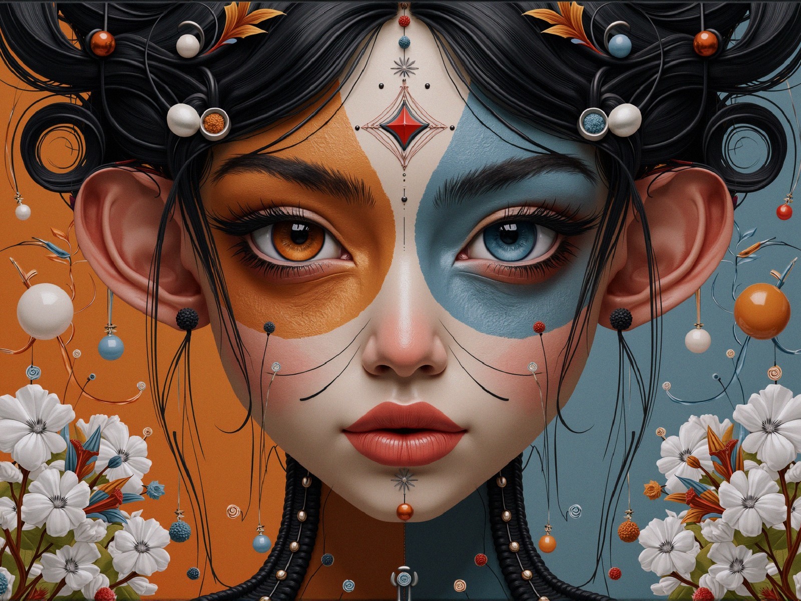Portrait of a Woman with Split Face and Floral Patterns