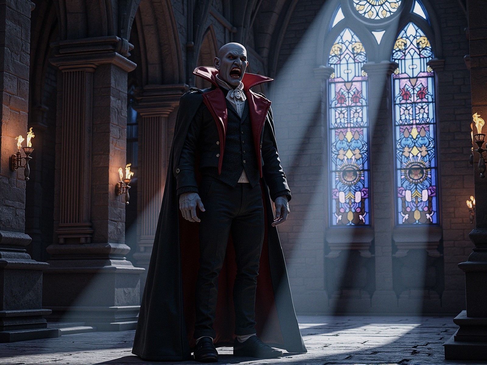 Gothic Castle Interior with Menacing Figure and Stained Glass