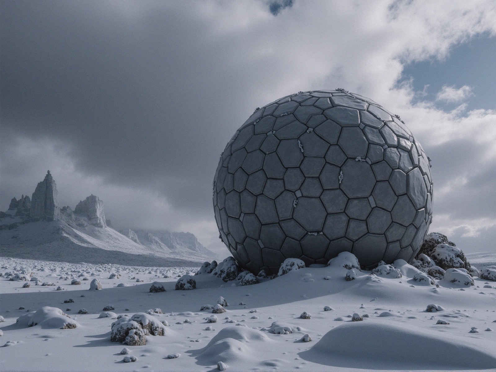 Spherical Structure on Snowy Landscape with Mountains