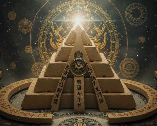 Mystical Multi-Tiered Pyramid with Ancient Symbols