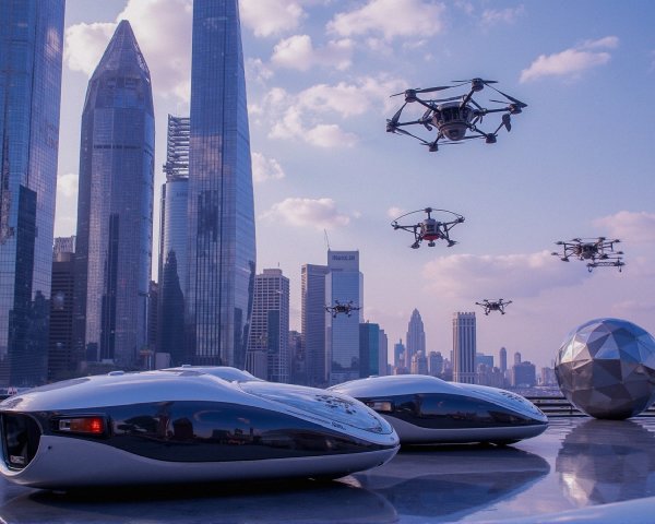 Futuristic cityscape with sleek vehicles and drones