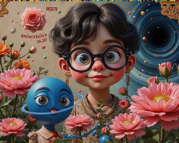 Whimsical Character Surrounded by Flowers and Galaxy