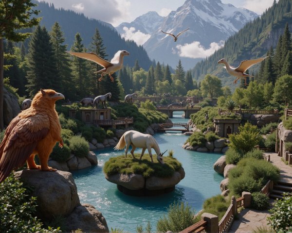 Serene Fantasy Landscape with Mystical Creatures