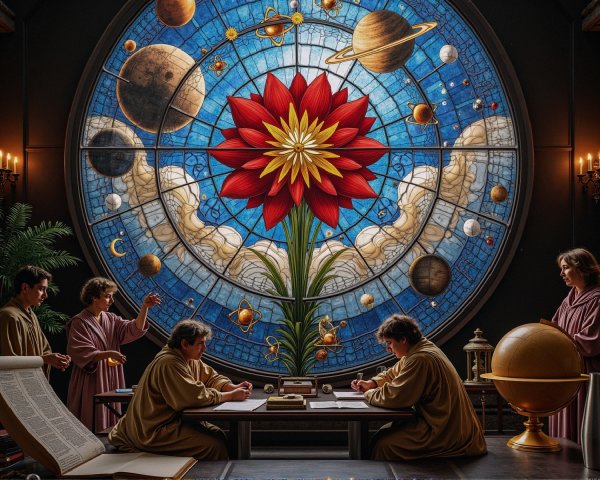 Scholarly Gathering in a Room with Stained Glass Window