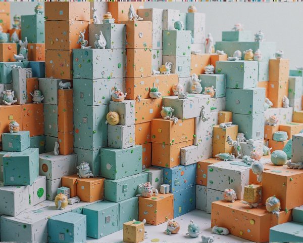 Vibrant Landscape of Stacked Pastel Boxes and Figurines