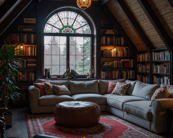 Cozy attic library with upholstered sofa and stained glass