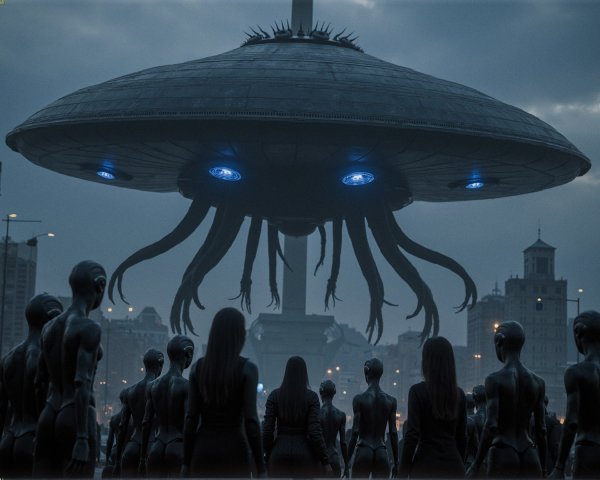 Alien Spaceship Over City with Humanoid Figures