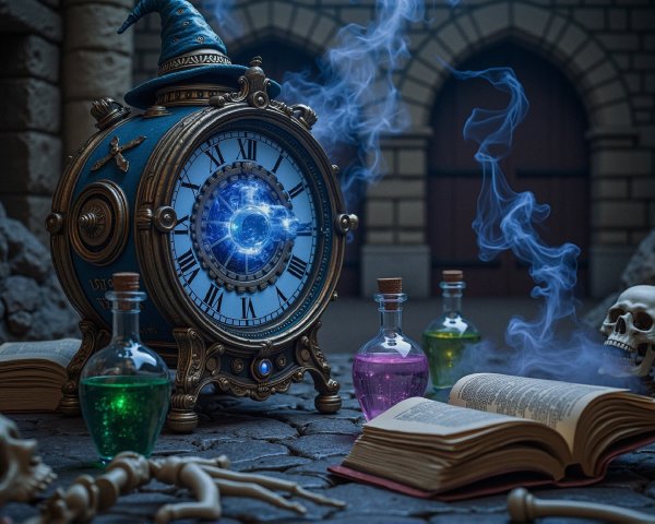 Medieval Clock with Potions and Mystical Atmosphere