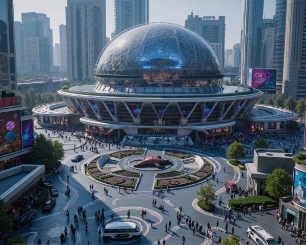 Futuristic Urban Scene with Dome-Shaped Building
