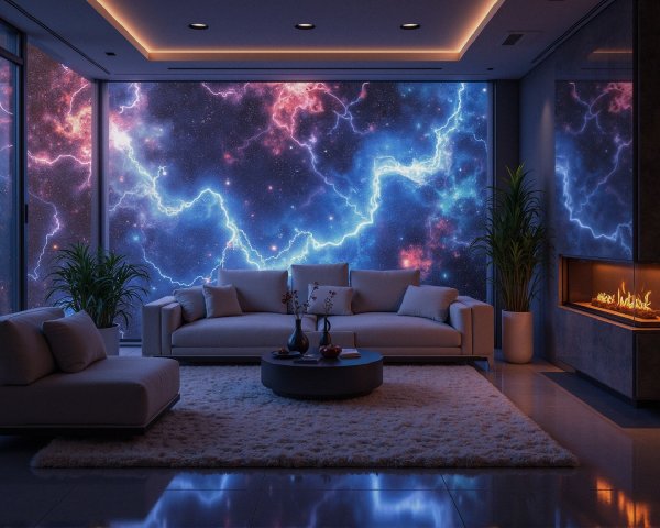 Modern Living Room with Cosmic Mural and Cozy Decor