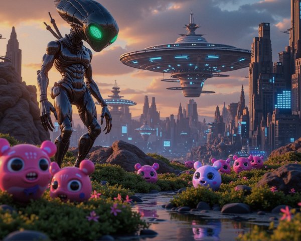 Futuristic Alien Figure in Vibrant Sci-Fi Landscape