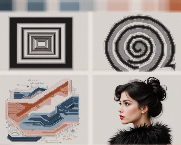 Stylish Woman in Black Fur Coat Surrounded by Abstract Art