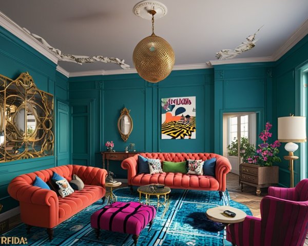 Vibrant Teal Room with Gold Chandelier and Coral Sofas