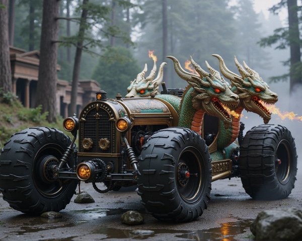 Vintage Vehicle with Three-Headed Dragon Design