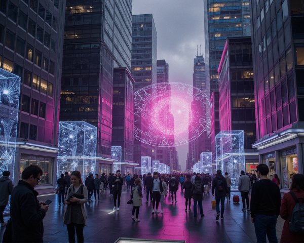 Futuristic City Street with Neon Lights and Holograms