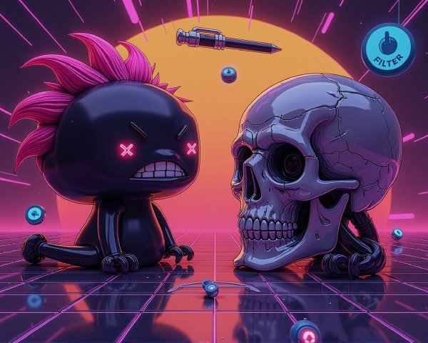 Neon Landscape with Character and Glossy Skull