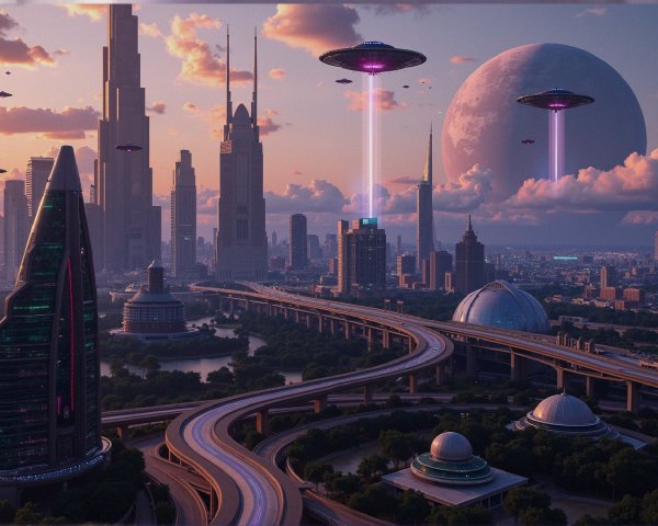 Futuristic Cityscape with Skyscrapers and Spacecraft