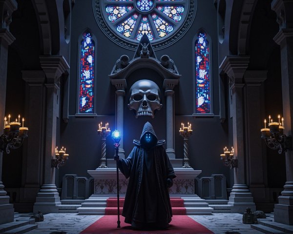 Cloaked Figure in Dim Chamber with Skull Backdrop