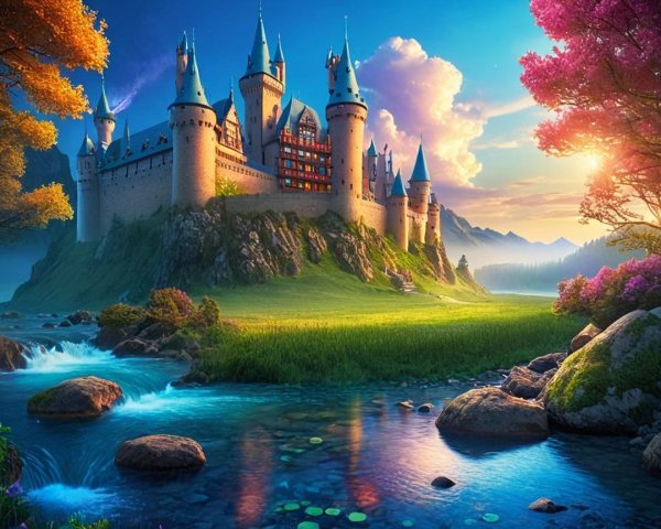 Majestic Castle on Hill with Sunset and River View