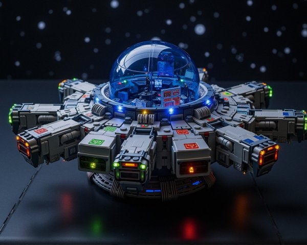 Futuristic spacecraft model with colorful segmented pods