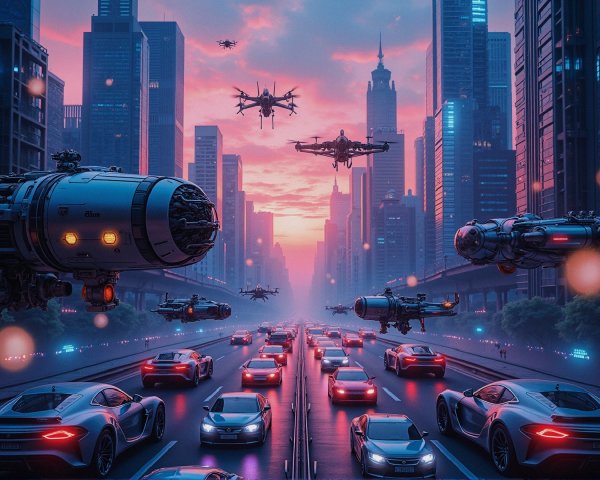 Futuristic cityscape at dusk with modern vehicles