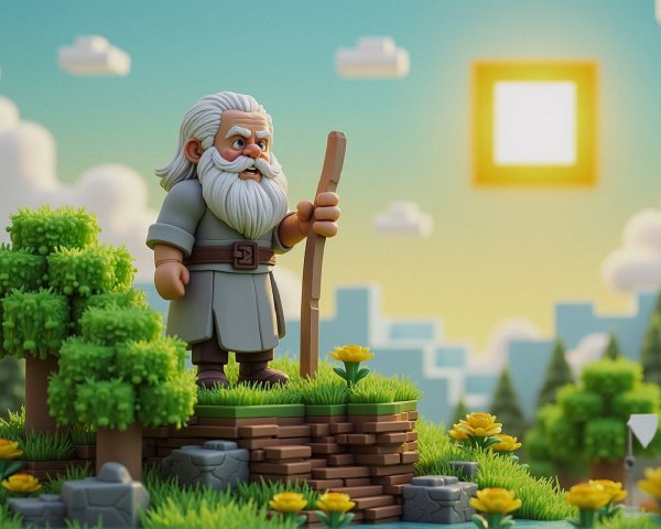 Whimsical Elderly Man in Cartoonish Nature Scene