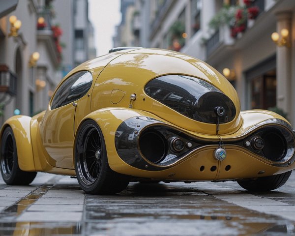 Futuristic Yellow Car on Cobblestone Street Scene
