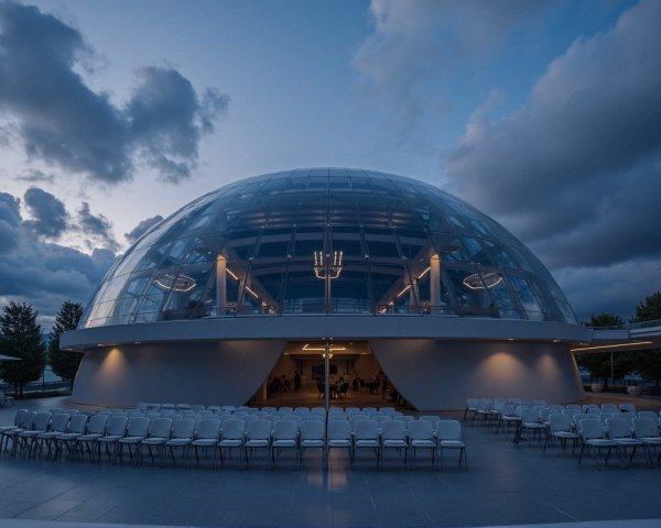 Modern dome-shaped structure with glass facade at twilight