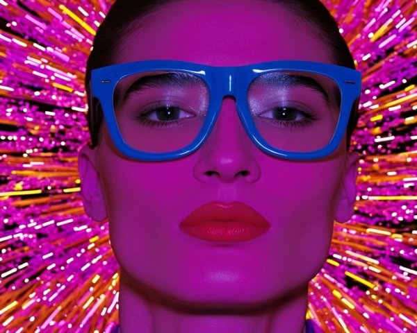Portrait of a model in blue glasses with vibrant lights