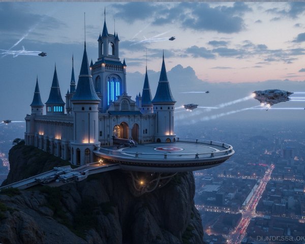 Majestic castle on a cliff with futuristic spacecraft