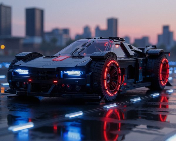 Futuristic LEGO Car with LED Lights in Urban Setting