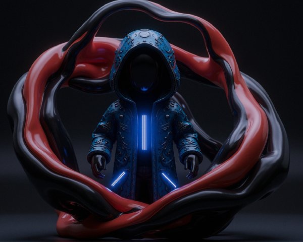 Futuristic Figure in Blue Robe with Vortex Background