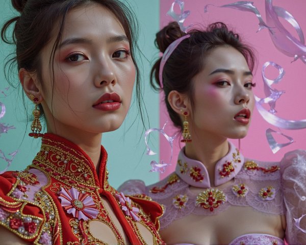 Vibrant Outfits and Bold Makeup on Two Women