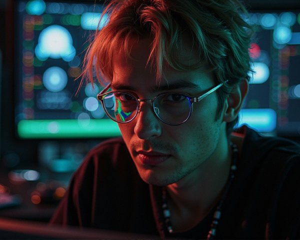 Young man focused on neon-lit computer screens