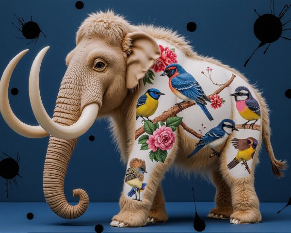 Furry Elephant with Colorful Tattoos on Blue Background
