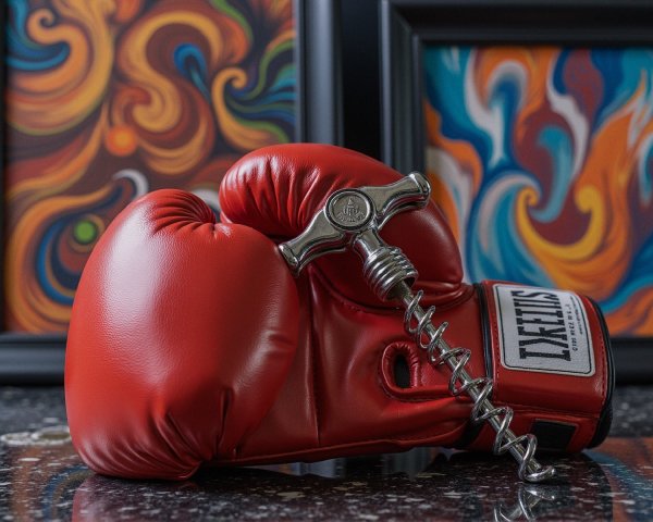 Red Boxing Glove and Corkscrew on Dark Surface