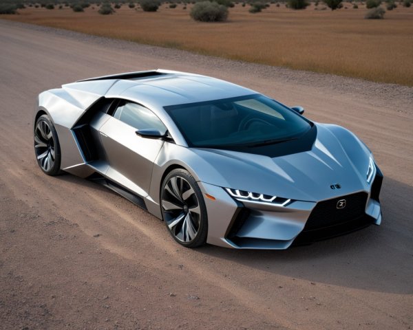 Futuristic Silver Sports Car on Sandy Road Landscape