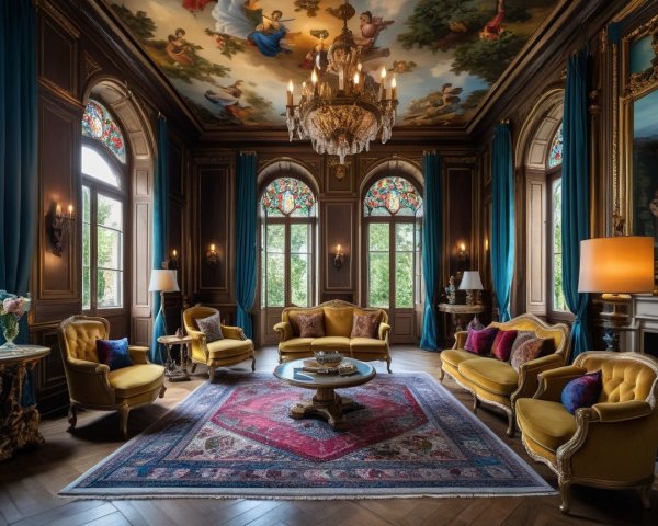 Elegant Room with Lavish Decor and Stained Glass Windows
