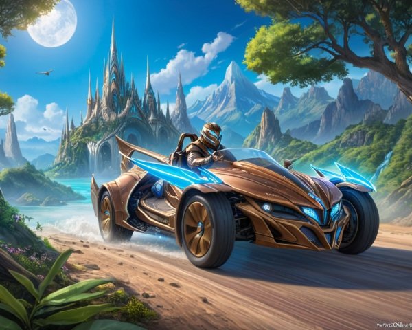 Futuristic vehicle on dirt road with castle backdrop