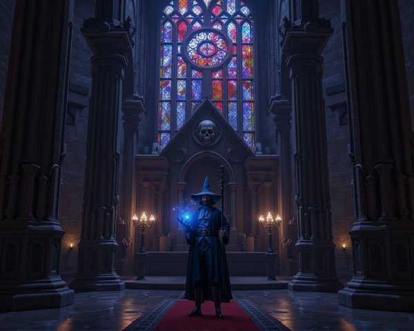 Wizard in a Dimly Lit Cathedral with Stained Glass