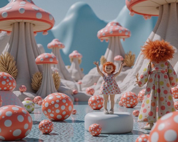 Whimsical Landscape with Colorful Mushrooms and Orbs