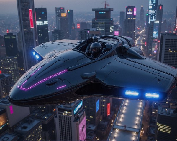 Futuristic spacecraft over vibrant neon cityscape at dusk